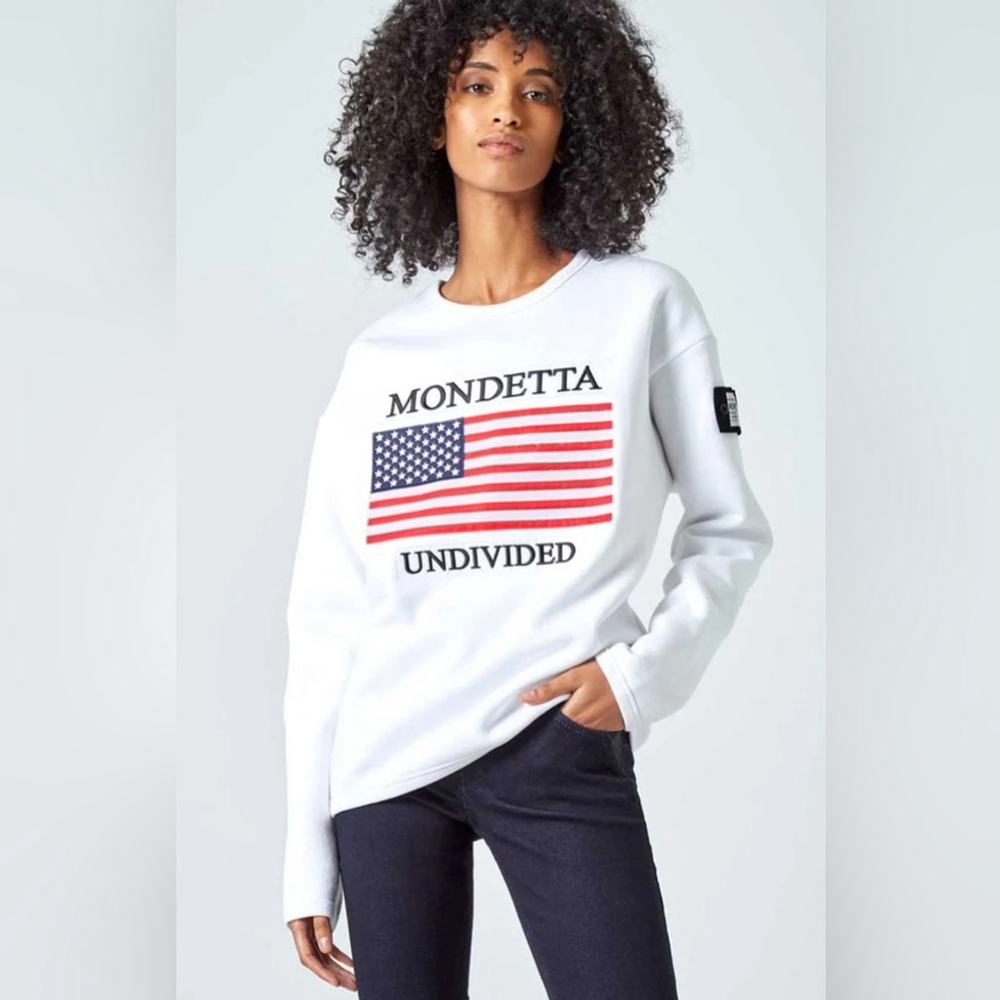 Mondetta Undivided White Logo Sweatshirt USA Flag Women’s Size Small
